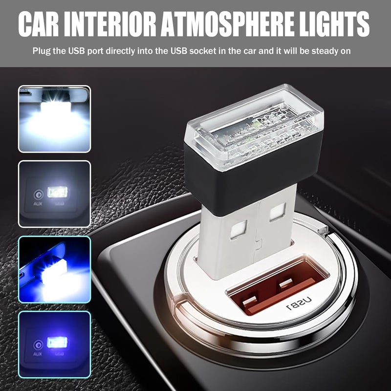 Hbxdeco 4 PCS USB LED Car Interior Atmosphere Lamp, Portable Mini Auto LED Decor Night Light, Plug-in USB Interface Ambient Lighting Kit, Universal Car Interior Accessories(White+Blue) - Image 2